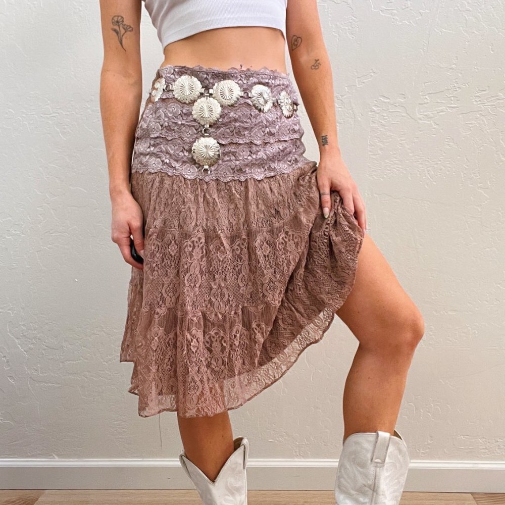 Vintage Y2K Windsor Brown Tan Lace Color Block Midi Peasant Skirt